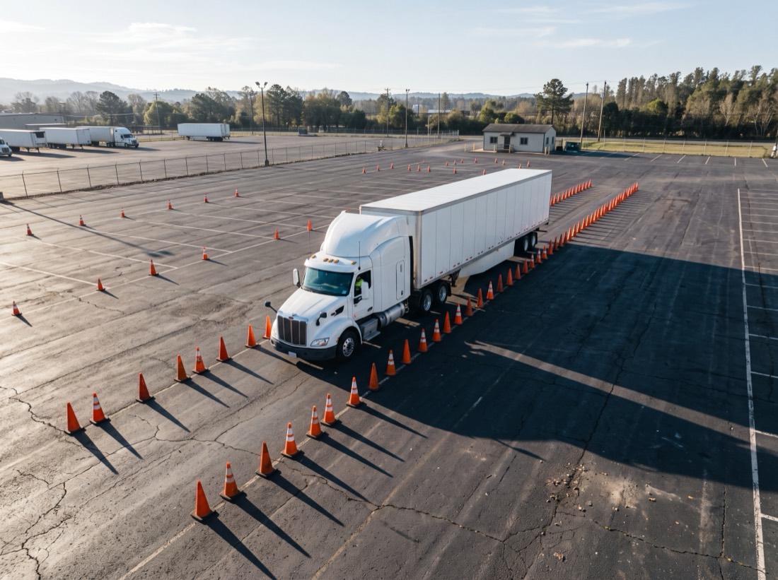 Semi truck backing through cones on the training lot